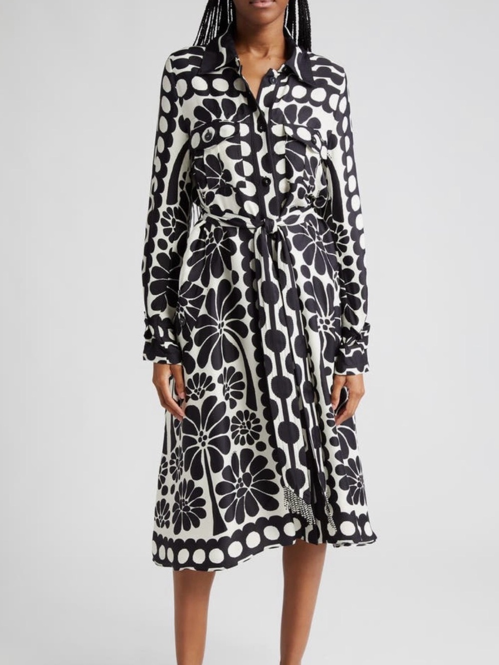 Farm Rio Palmermo Black & White Floral Belted Shirt Dress, size L